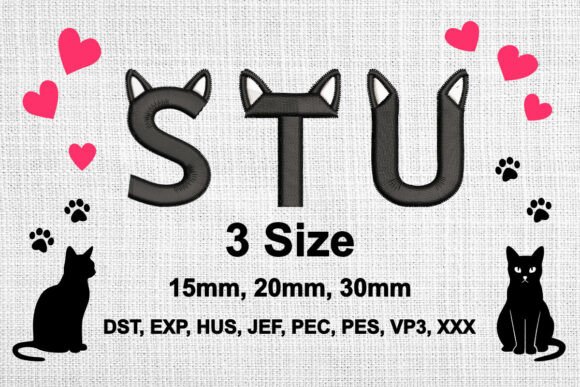 Adding Playful Charm with Cat Ears Embroidery Font Alphabet S T U