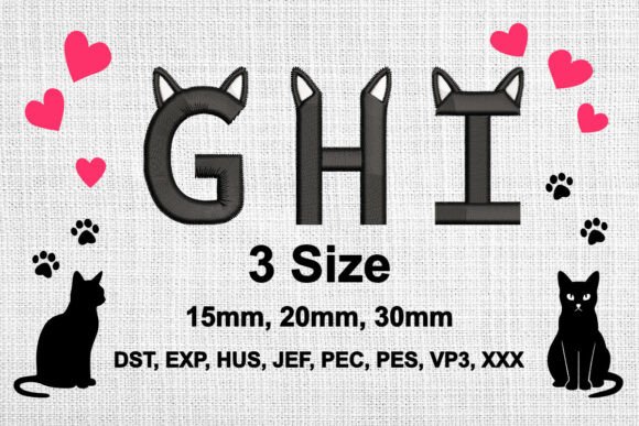 Cat Ears Embroidery Font Alphabet G H I – A Playful Touch for Pet Lovers